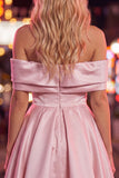 Blue A-Line Off the Shoulder Ruched Satin Homecoming Dress with Beading