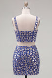 Dark Blue Bodycon 2 Piece Homecoming Dress with Rhinestones