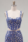 Dark Blue Bodycon 2 Piece Homecoming Dress with Rhinestones