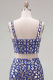 Dark Blue Bodycon 2 Piece Homecoming Dress with Rhinestones