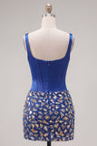 Dark Blue Bodycon Corset Square Neck Homecoming Dress with Rhinestones