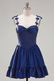 A-Line Navy Corset Spaghetti Straps Homecoming Dress with Ruffles