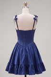 A-Line Navy Corset Spaghetti Straps Homecoming Dress with Ruffles