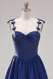 A-Line Navy Corset Spaghetti Straps Homecoming Dress with Ruffles