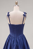 A-Line Navy Corset Spaghetti Straps Homecoming Dress with Ruffles