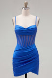 Satin Royal Blue Bodycon Sheer Corset Spaghetti Straps Ruched Homecoming Dress