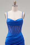 Satin Royal Blue Bodycon Sheer Corset Spaghetti Straps Ruched Homecoming Dress