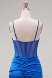 Satin Royal Blue Bodycon Sheer Corset Spaghetti Straps Ruched Homecoming Dress