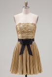 Golden A-Line Metallic Strapless Pleated Ruched Homecoming Dress with Bow