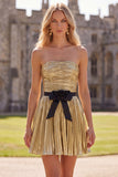 Golden A-Line Metallic Strapless Pleated Ruched Homecoming Dress with Bow