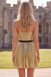 Golden A-Line Metallic Strapless Pleated Ruched Homecoming Dress with Bow