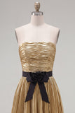 Golden A-Line Metallic Strapless Pleated Ruched Homecoming Dress with Bow