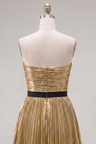 Golden A-Line Metallic Strapless Pleated Ruched Homecoming Dress with Bow