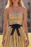 Golden A-Line Metallic Strapless Pleated Ruched Homecoming Dress with Bow