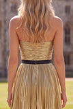 Golden A-Line Metallic Strapless Pleated Ruched Homecoming Dress with Bow