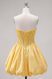 Yellow A-Line Strapless Sheer Corset Lace Up Back Homecoming Dress with Pearls