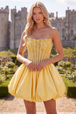 Yellow A-Line Strapless Sheer Corset Lace Up Back Homecoming Dress with Pearls