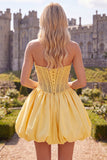 Yellow A-Line Strapless Sheer Corset Lace Up Back Homecoming Dress with Pearls