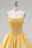 Yellow A-Line Strapless Sheer Corset Lace Up Back Homecoming Dress with Pearls
