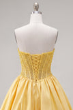 Yellow A-Line Strapless Sheer Corset Lace Up Back Homecoming Dress with Pearls