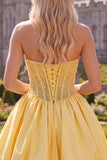 Yellow A-Line Strapless Sheer Corset Lace Up Back Homecoming Dress with Pearls