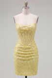 Sparkly Yellow Bodycon Strapless Corset Lace Up Back Sequins Homecoming Dress with Beading