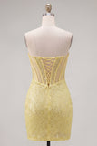 Sparkly Yellow Bodycon Strapless Corset Lace Up Back Sequins Homecoming Dress with Beading