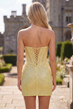 Sparkly Yellow Bodycon Strapless Corset Lace Up Back Sequins Homecoming Dress with Beading