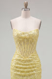 Sparkly Yellow Bodycon Strapless Corset Lace Up Back Sequins Homecoming Dress with Beading