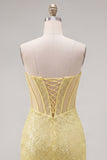 Sparkly Yellow Bodycon Strapless Corset Lace Up Back Sequins Homecoming Dress with Beading