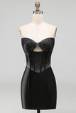 Black Bodycon Sweetheart Corset Satin Beaded Homecoming Dress with Bow