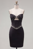 Black Bodycon Sweetheart Corset Satin Beaded Homecoming Dress with Bow