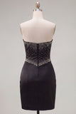 Black Bodycon Sweetheart Corset Satin Beaded Homecoming Dress with Bow