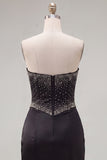 Black Bodycon Sweetheart Corset Satin Beaded Homecoming Dress with Bow