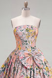A-Line Grey Corset Floral Strapless Jacquard Homecoming Dress with Bow