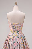 A-Line Grey Corset Floral Strapless Jacquard Homecoming Dress with Bow