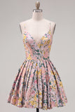 A-Line Grey Floral Spaghetti Straps Backless Short Homecoming Dress