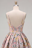 A-Line Grey Floral Spaghetti Straps Backless Short Homecoming Dress