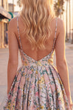 A-Line Grey Floral Spaghetti Straps Backless Short Homecoming Dress