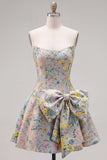 Strapless A-Line Grey Floral Jacquard Short Homecoming Dress with Bow