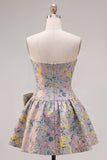 Strapless A-Line Grey Floral Jacquard Short Homecoming Dress with Bow