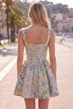 Grey Square Neck A-Line Floral Corset Jacquard Homecoming Dress