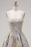 Grey Square Neck A-Line Floral Corset Jacquard Homecoming Dress