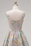 Grey Square Neck A-Line Floral Corset Jacquard Homecoming Dress
