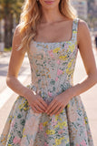 Grey Square Neck A-Line Floral Corset Jacquard Homecoming Dress