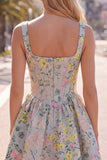 Grey Square Neck A-Line Floral Corset Jacquard Homecoming Dress