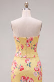 Sweetheart Yellow Corset Beaded Floral Tight Homecoming Dress