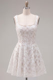 A-Line White Square Neck Pearl Short Homecoming Dress with Lace