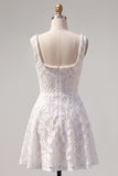 A-Line White Square Neck Pearl Short Homecoming Dress with Lace