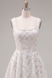 A-Line White Square Neck Pearl Short Homecoming Dress with Lace